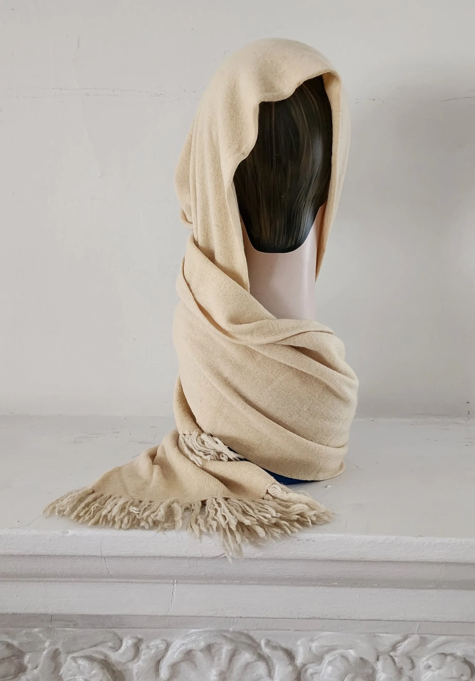 1970s Halston Scarf in Cream Cashmere Wool, Fringed