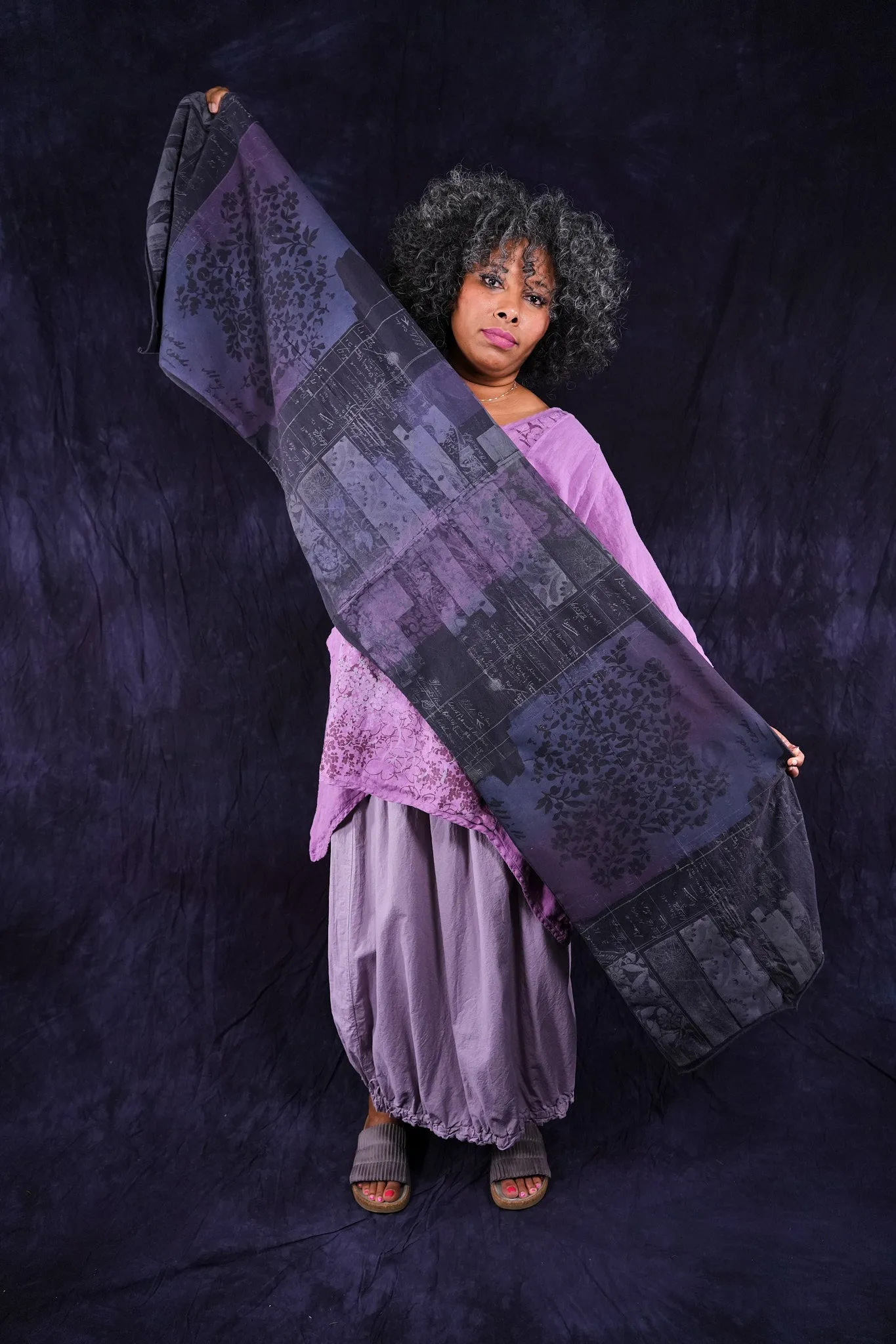 8161 Hand Printed Organic Scarf Black Sand-P
