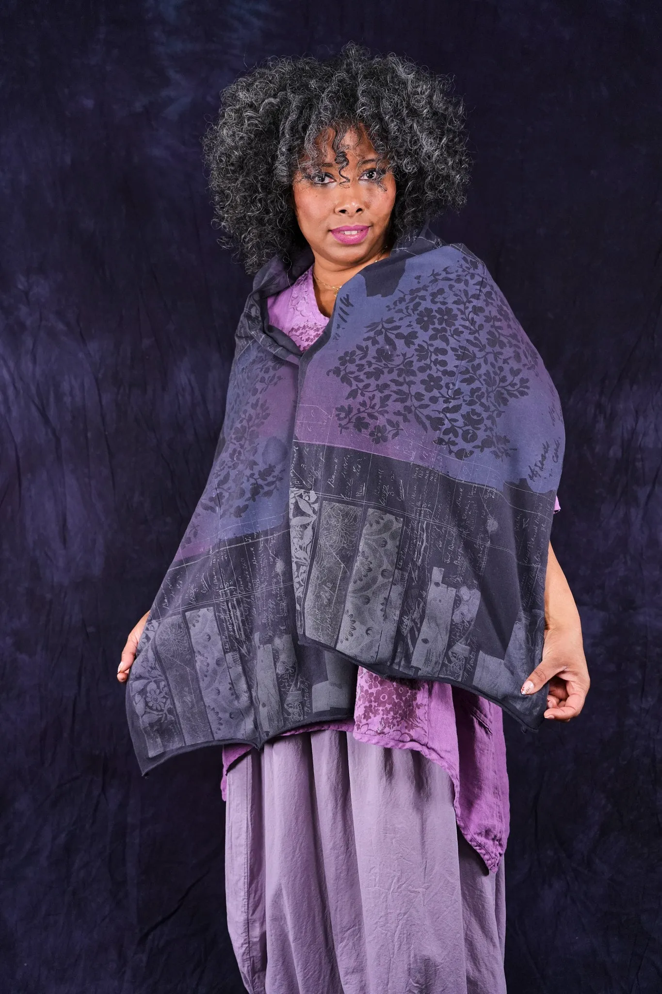 8161 Hand Printed Organic Scarf Black Sand-P