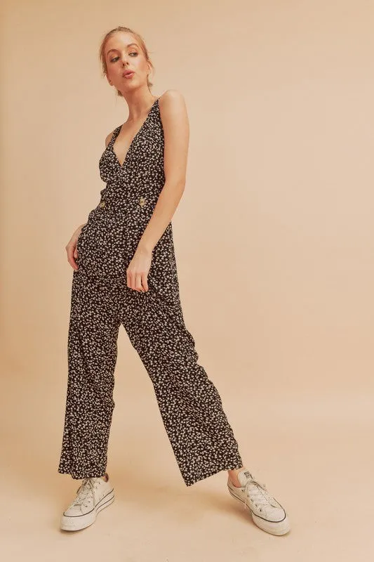 Aemi   Co Ditsy Floral Surplice Sleeveless Wide Leg Jumpsuit