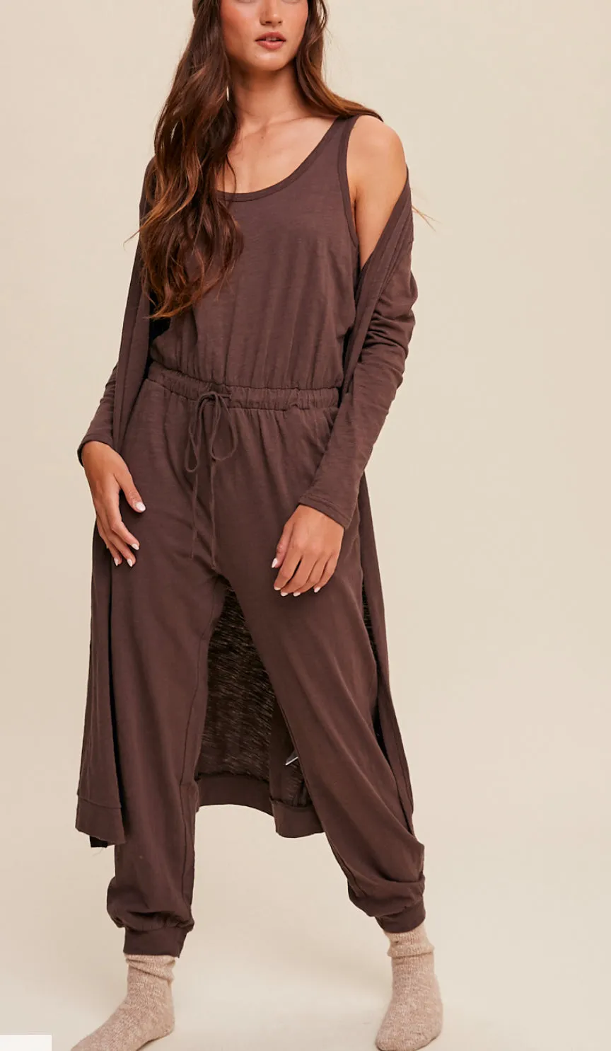 Amber Mocha Jumpsuit and Long Cardigan Knit Set