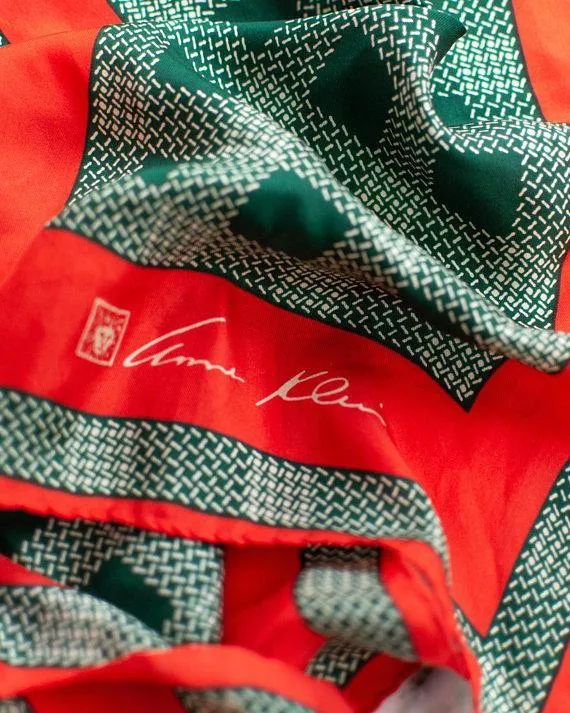 Anne Klein 100% Silk Scarf Red and Green Plaid Houndstooth