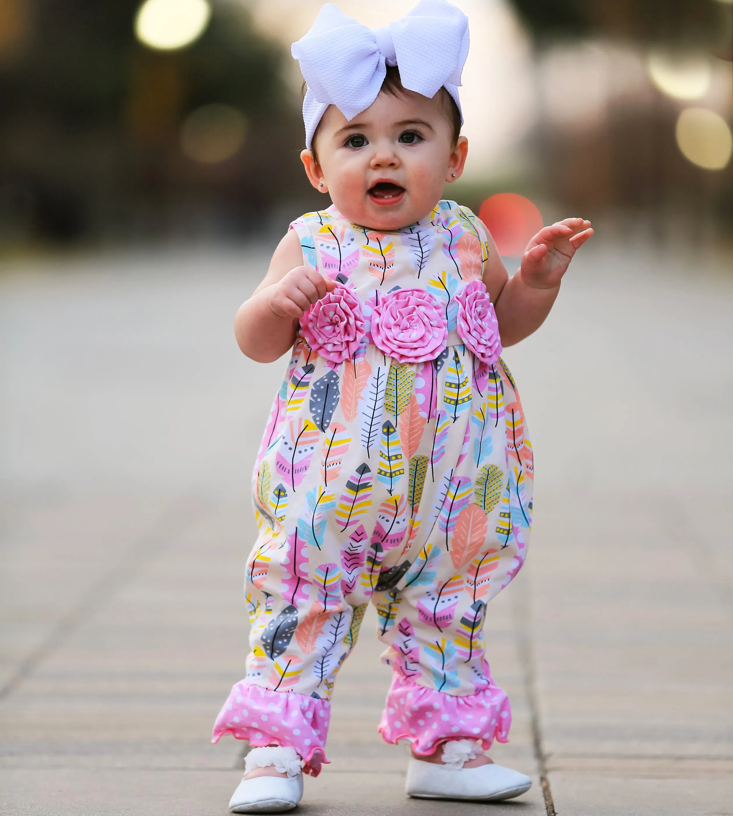 AnnLoren Girls Boutique Feather & Polka Dot Knit Cotton Romper One piece Infant Toddler