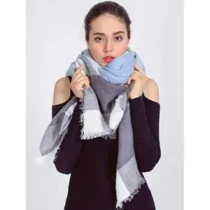 Autumn Plaid Pattern Fringed Edge Wrap Scarf - Light Blue
