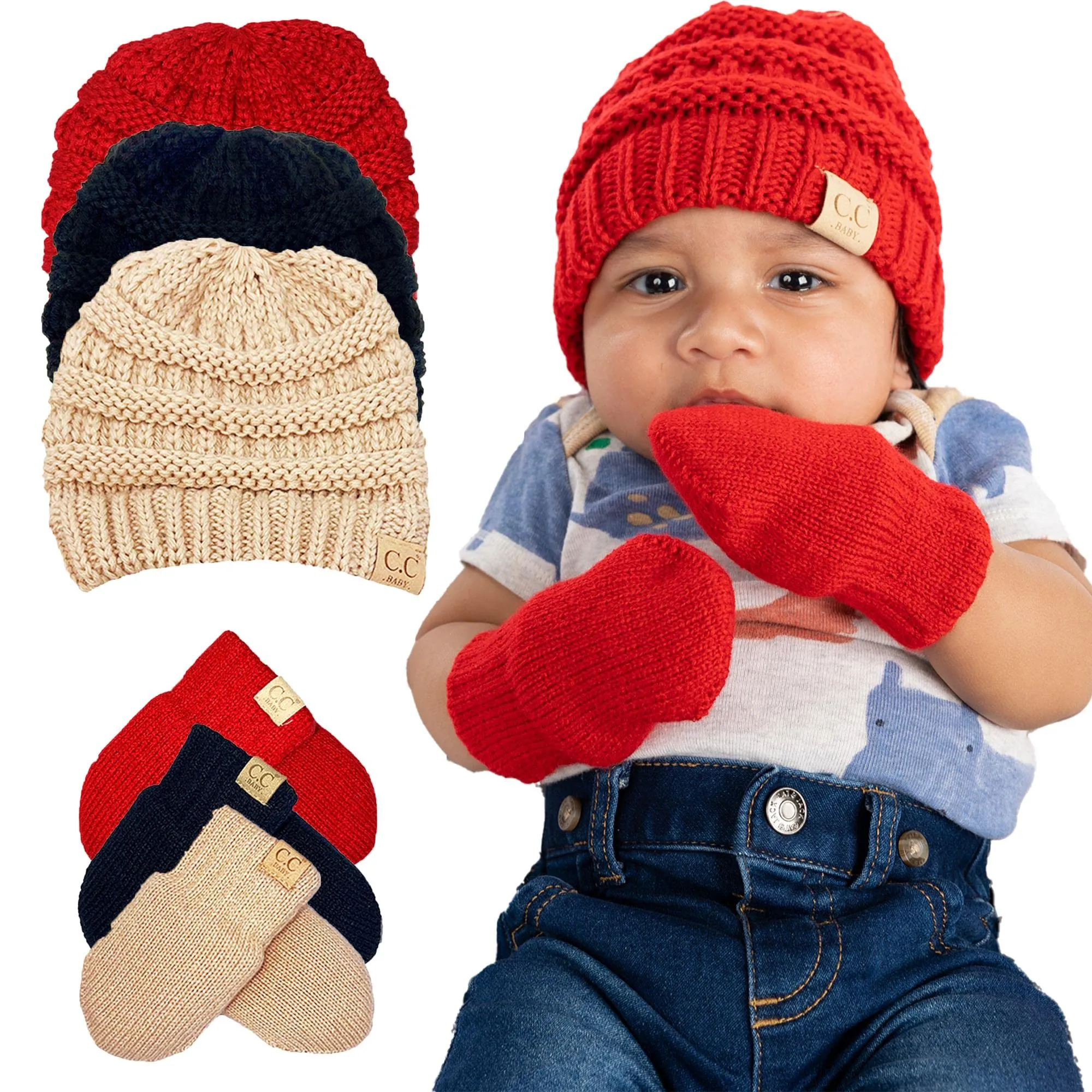 Baby Ribbed Beanie and Matching Mittens Set by Funky Junque