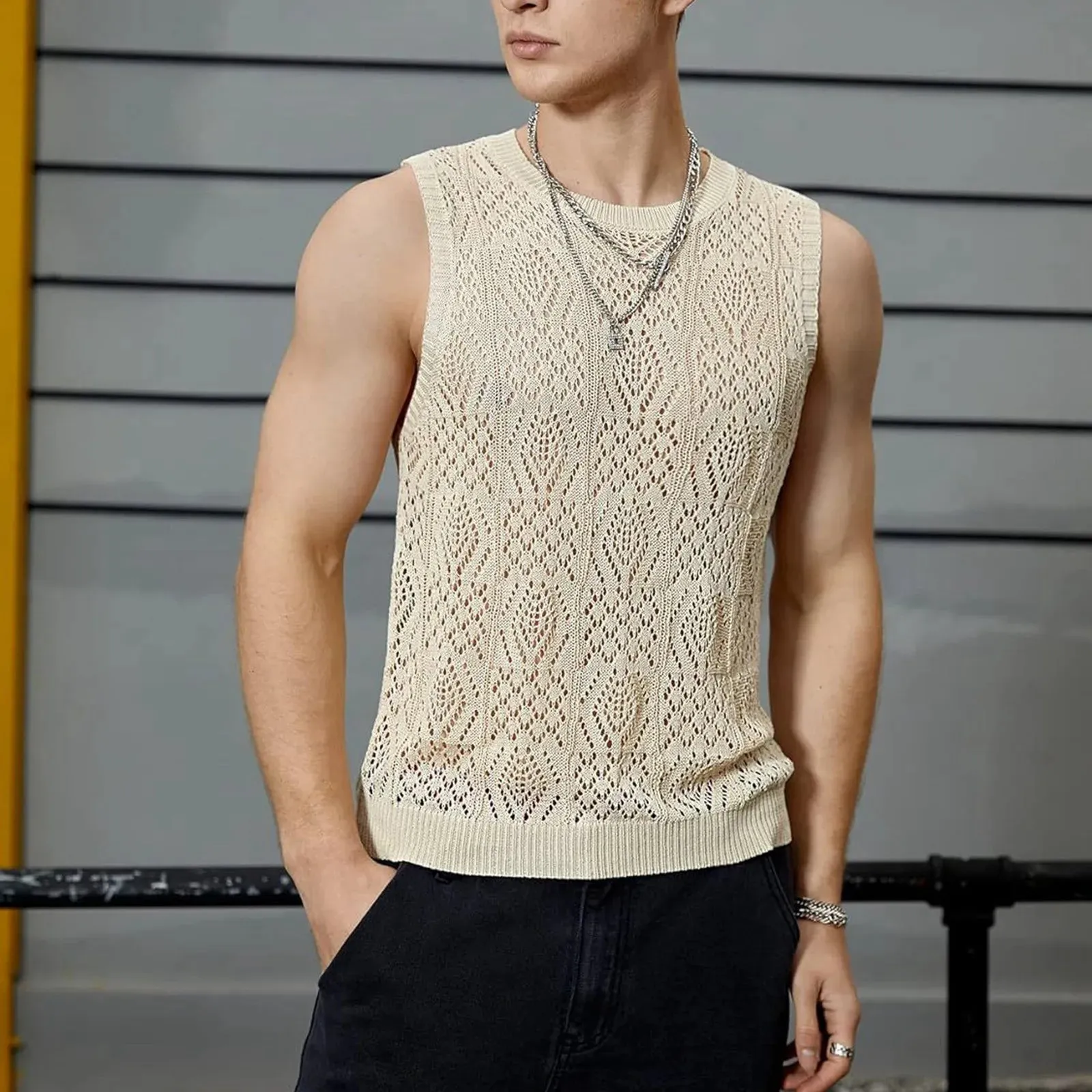 Beach Tops For Men Men'S Knitted Hollowed Out Vest Crew Neck Sleeveless Male Clothes With Designs Camiseta Sin Mangas Hombre