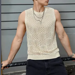 Beach Tops For Men Men'S Knitted Hollowed Out Vest Crew Neck Sleeveless Male Clothes With Designs Camiseta Sin Mangas Hombre