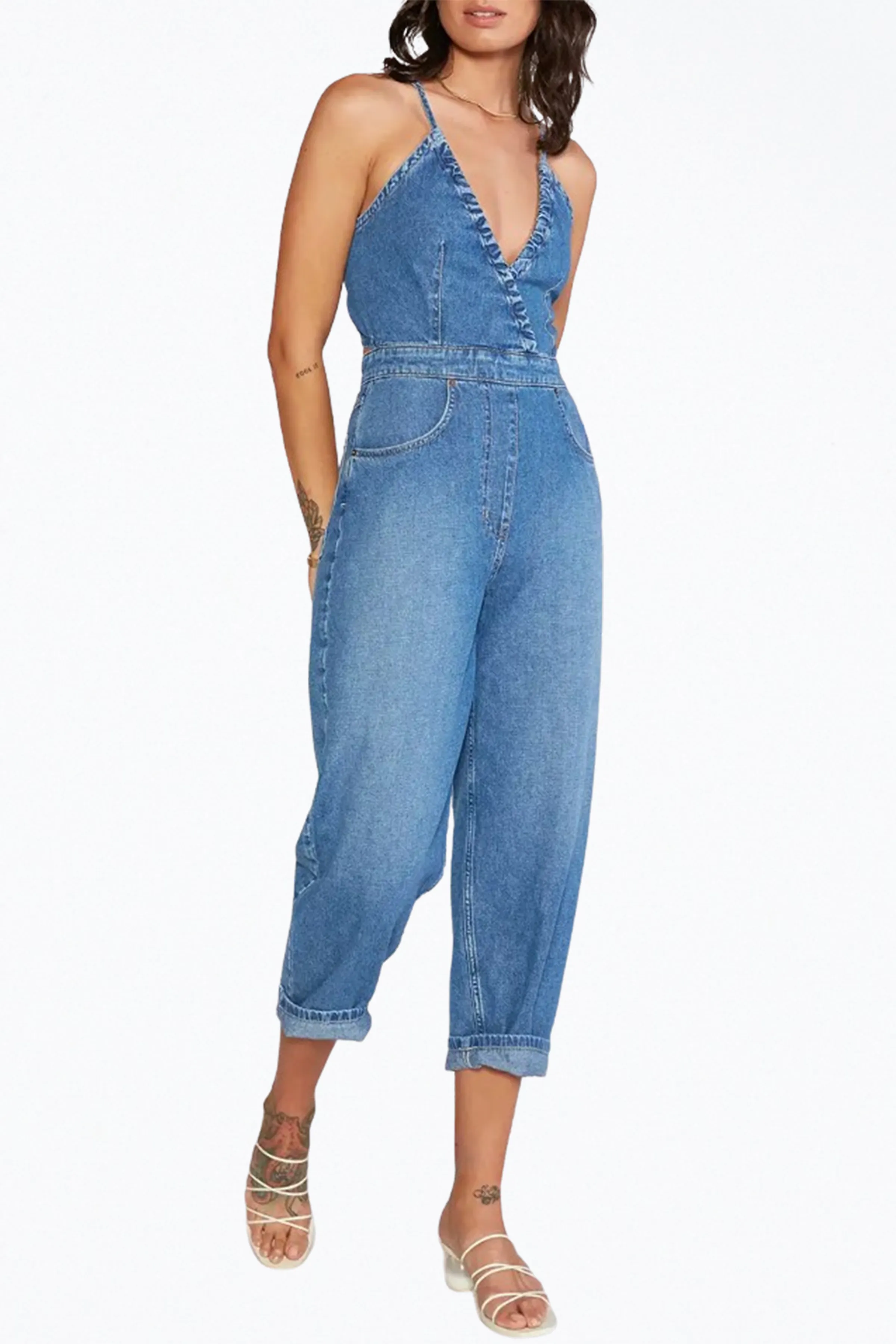 BIRDIE HALTERNECK WRAP-EFFECT OPEN-BACK CHAMBRAY JUMPSUIT