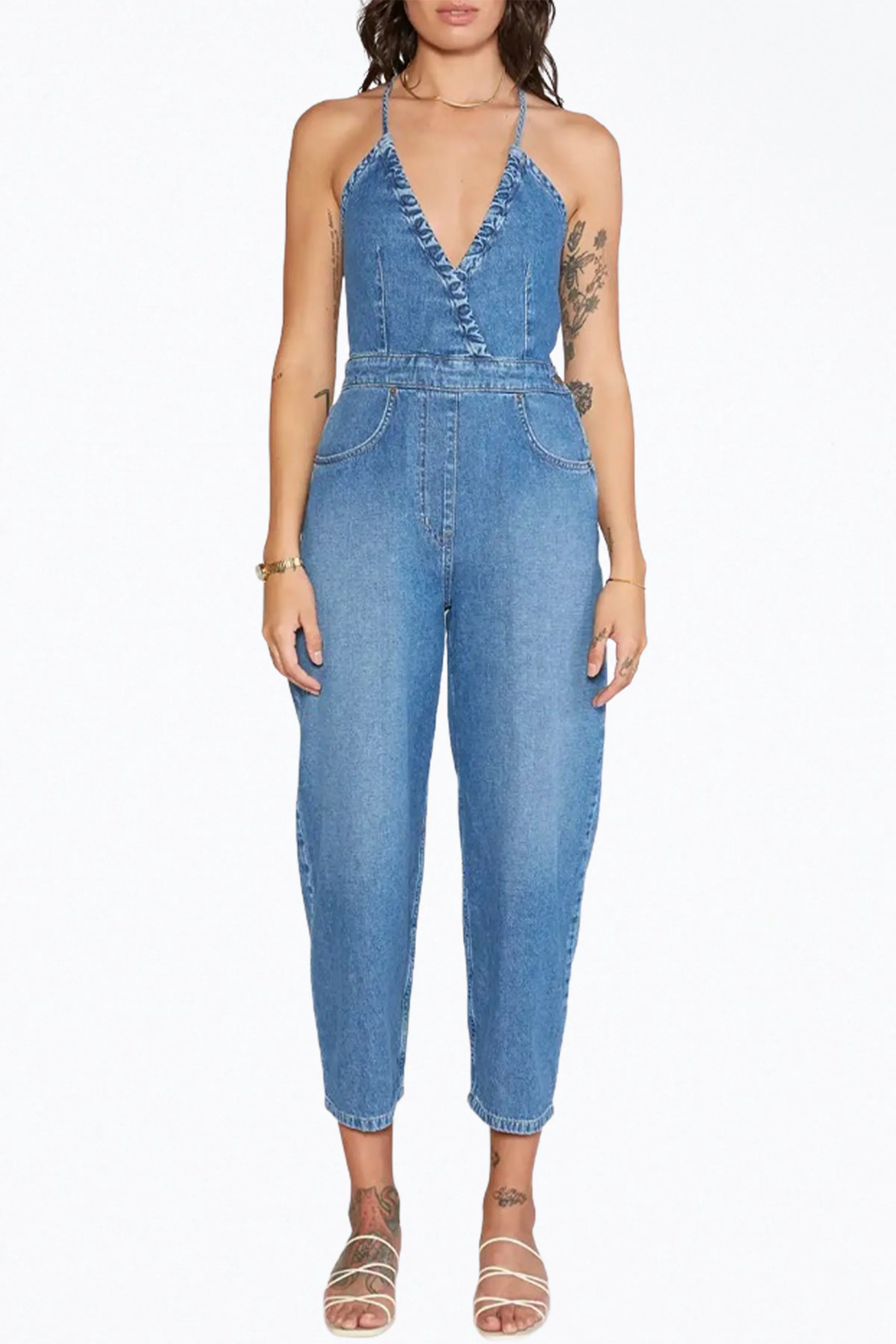 BIRDIE HALTERNECK WRAP-EFFECT OPEN-BACK CHAMBRAY JUMPSUIT