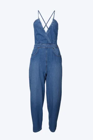 BIRDIE HALTERNECK WRAP-EFFECT OPEN-BACK CHAMBRAY JUMPSUIT