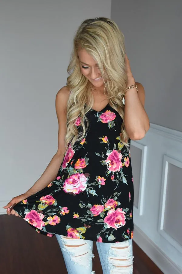 Black Floral Tank Top