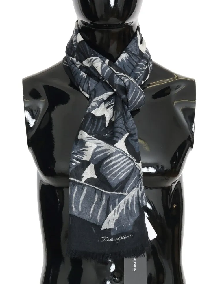 Black Gray Cashmere Leaves Print Scarf