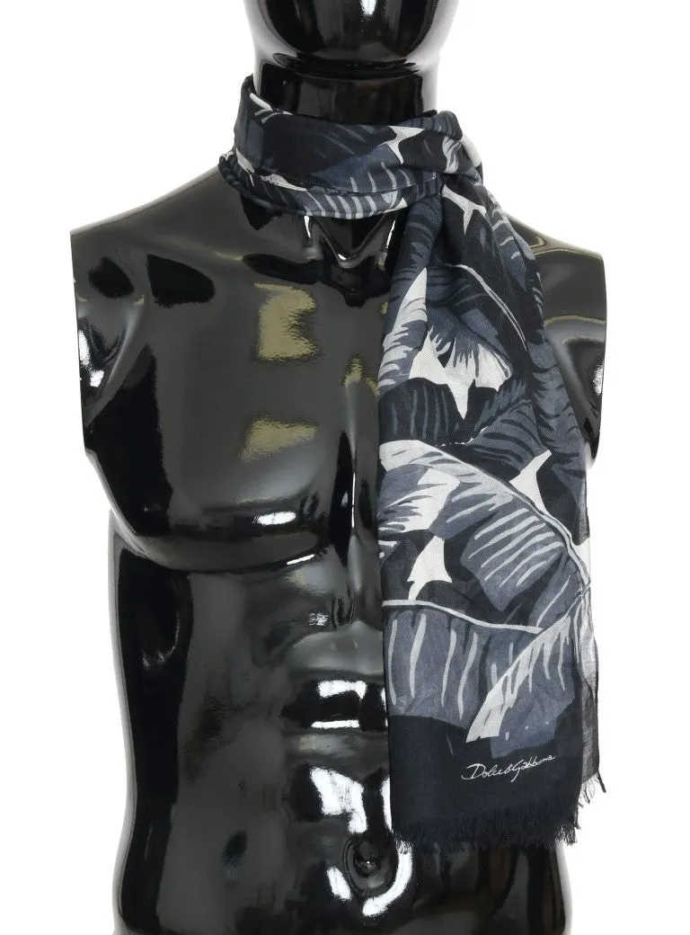 Black Gray Cashmere Leaves Print Scarf