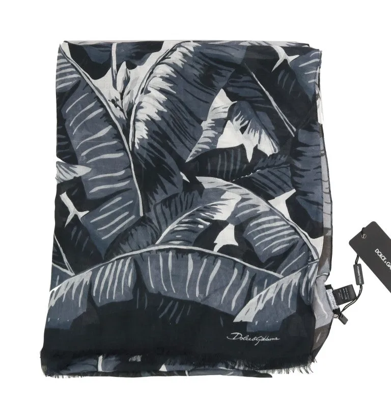 Black Gray Cashmere Leaves Print Scarf