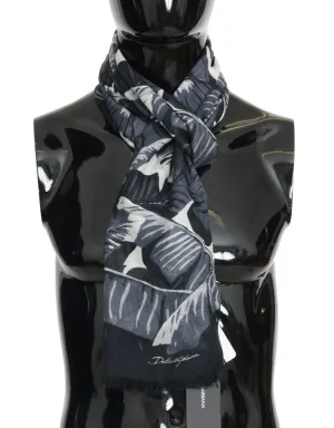 Black Gray Cashmere Leaves Print Scarf