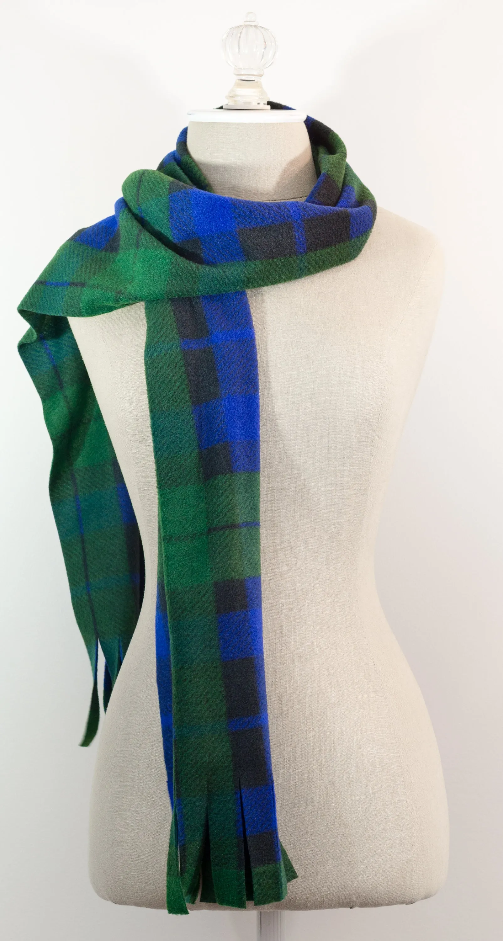 Black Watch Tartan Plaid Polar Fleece Scarf 10in x 72in Blue and Green Plaid Handmade in Maine