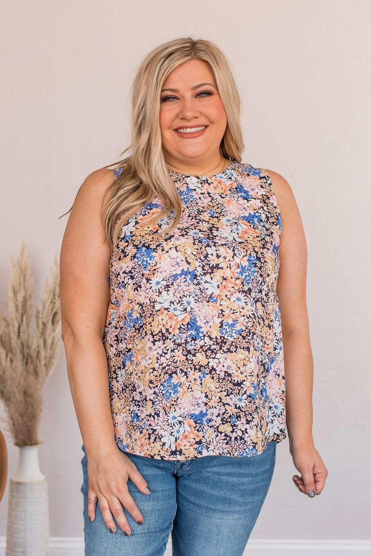 Bouquet of Splendor Floral Tank- Royal Blue