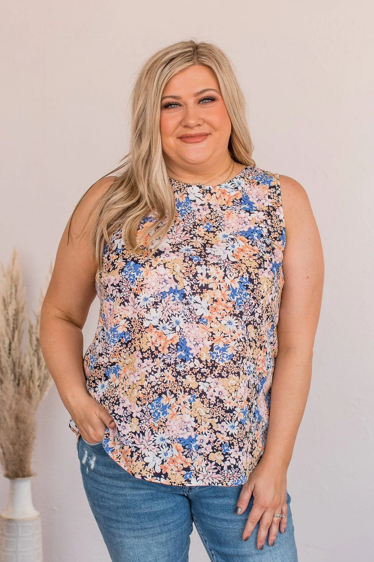 Bouquet of Splendor Floral Tank- Royal Blue