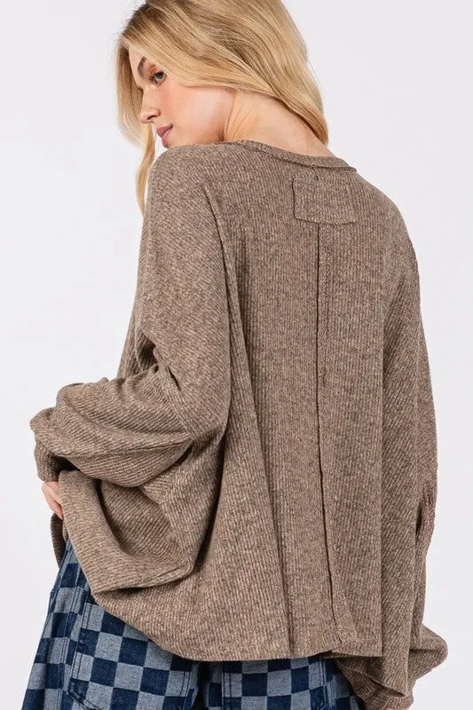 Brown Round Neck Batwing Sleeve Oversize Top