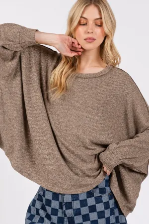 Brown Round Neck Batwing Sleeve Oversize Top