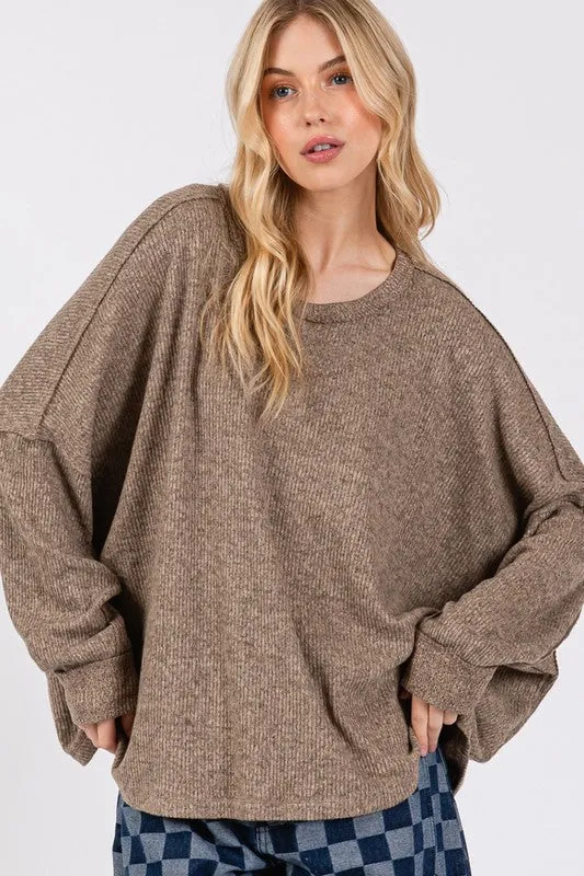 Brown Round Neck Batwing Sleeve Oversize Top