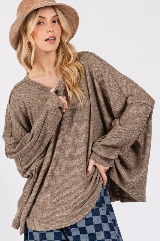 Brown Round Neck Batwing Sleeve Oversize Top