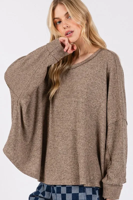 Brown Round Neck Batwing Sleeve Oversize Top