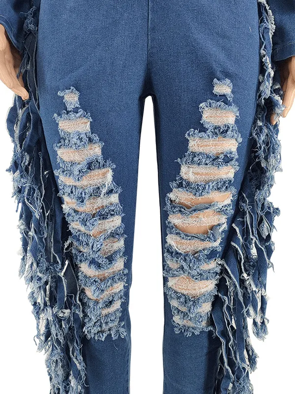 Bubble Sleeve Tassels Denim Jumpsuit