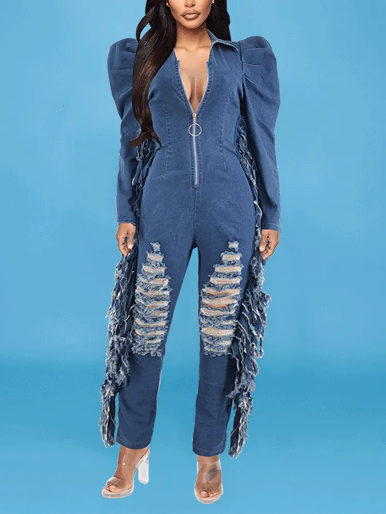 Bubble Sleeve Tassels Denim Jumpsuit