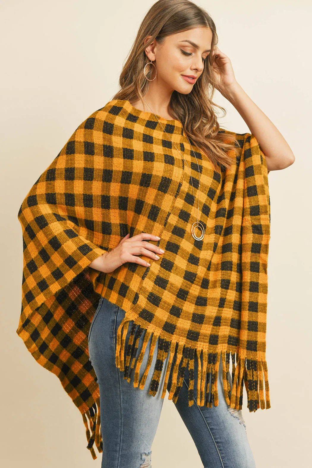 BUFFALO PLAID FRINGE PONCHO