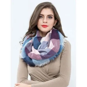 Casual Colorful Plaid Pattern Fringed Edge Shawl Scarf - Light Blue