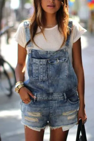 Casual Denim Rompers with pockets