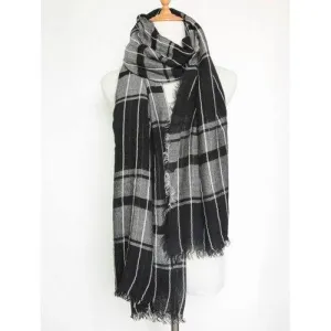 Casual Raw Edge Plaid Pattern Wrap Shawl Scarf - Black