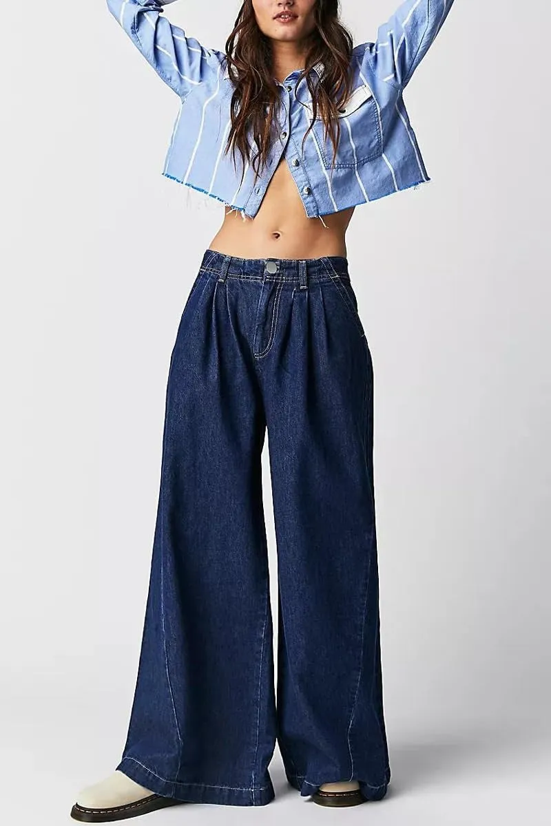 Chouyatou Women's Boyfriend Denim Cargo Pants Y2K Baggy Wide Leg Casual Dressy Jeans Culottes