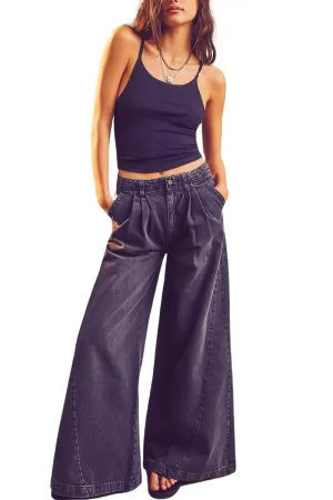 Chouyatou Women's Boyfriend Denim Cargo Pants Y2K Baggy Wide Leg Casual Dressy Jeans Culottes