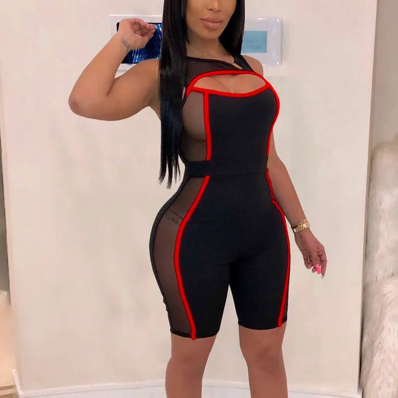 Colorblock Sleeveless Cut Out Sheer Mesh Romper