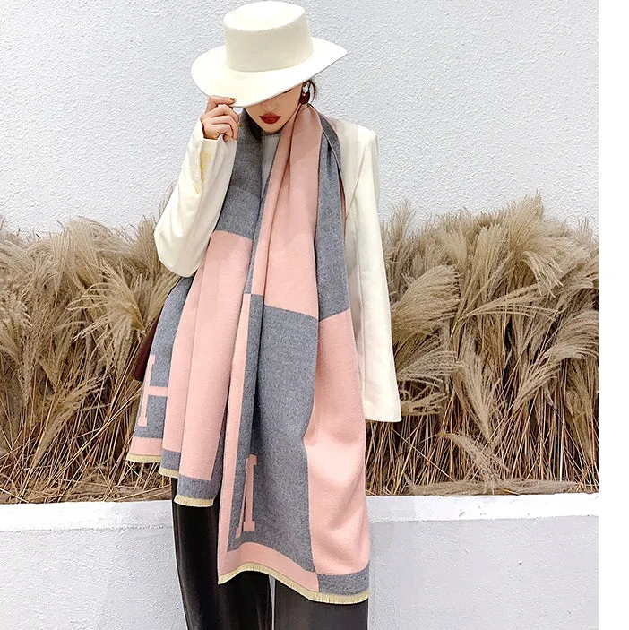 Colorblock Warm Scarf Cashmere Double-sided Thick Shawl Wrap for Women Ladies Girls