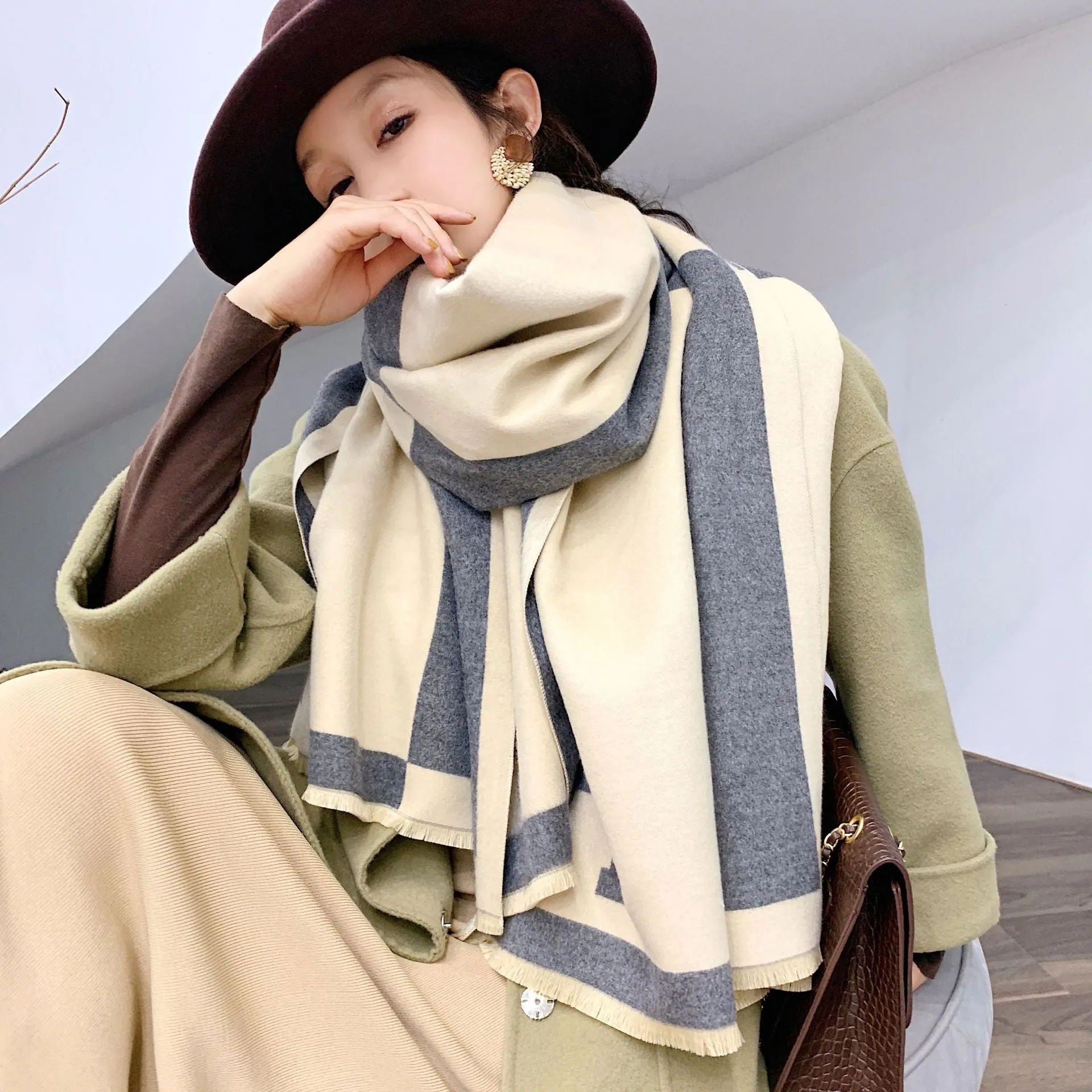 Colorblock Warm Scarf Cashmere Double-sided Thick Shawl Wrap for Women Ladies Girls