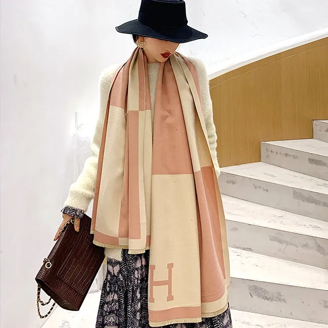 Colorblock Warm Scarf Cashmere Double-sided Thick Shawl Wrap for Women Ladies Girls