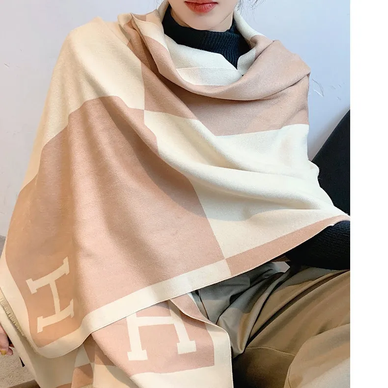 Colorblock Warm Scarf Cashmere Double-sided Thick Shawl Wrap for Women Ladies Girls