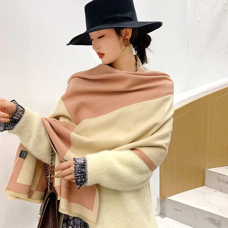 Colorblock Warm Scarf Cashmere Double-sided Thick Shawl Wrap for Women Ladies Girls
