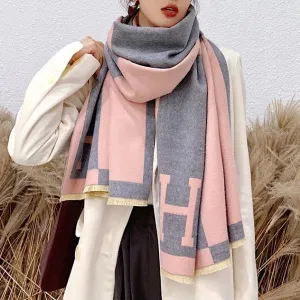 Colorblock Warm Scarf Cashmere Double-sided Thick Shawl Wrap for Women Ladies Girls