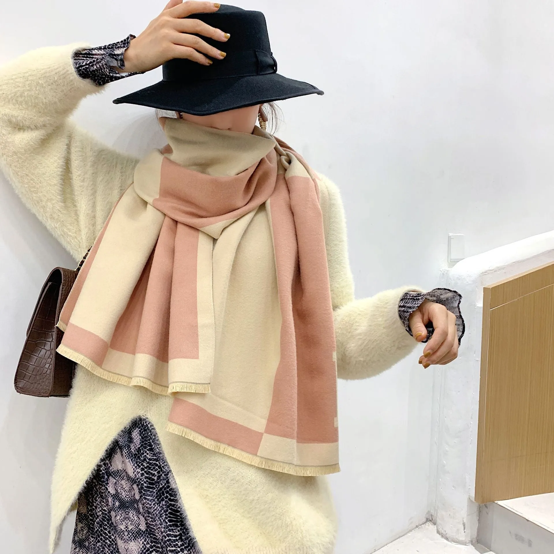 Colorblock Warm Scarf Cashmere Double-sided Thick Shawl Wrap for Women Ladies Girls
