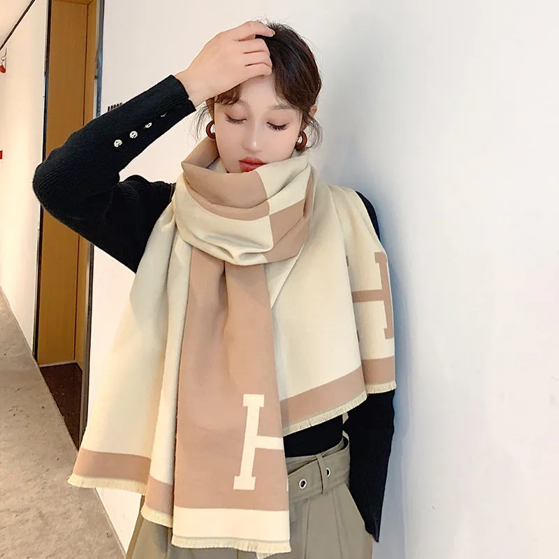 Colorblock Warm Scarf Cashmere Double-sided Thick Shawl Wrap for Women Ladies Girls