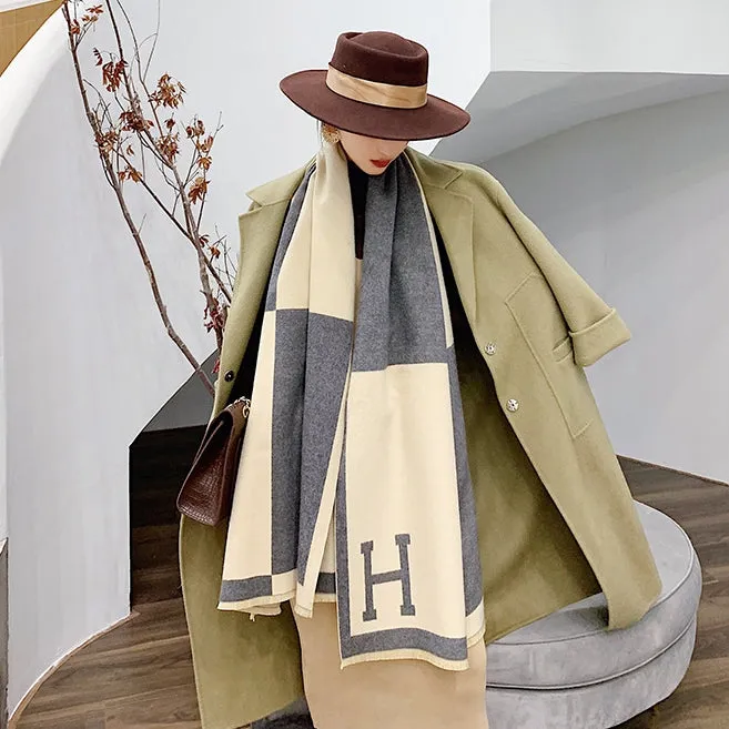 Colorblock Warm Scarf Cashmere Double-sided Thick Shawl Wrap for Women Ladies Girls