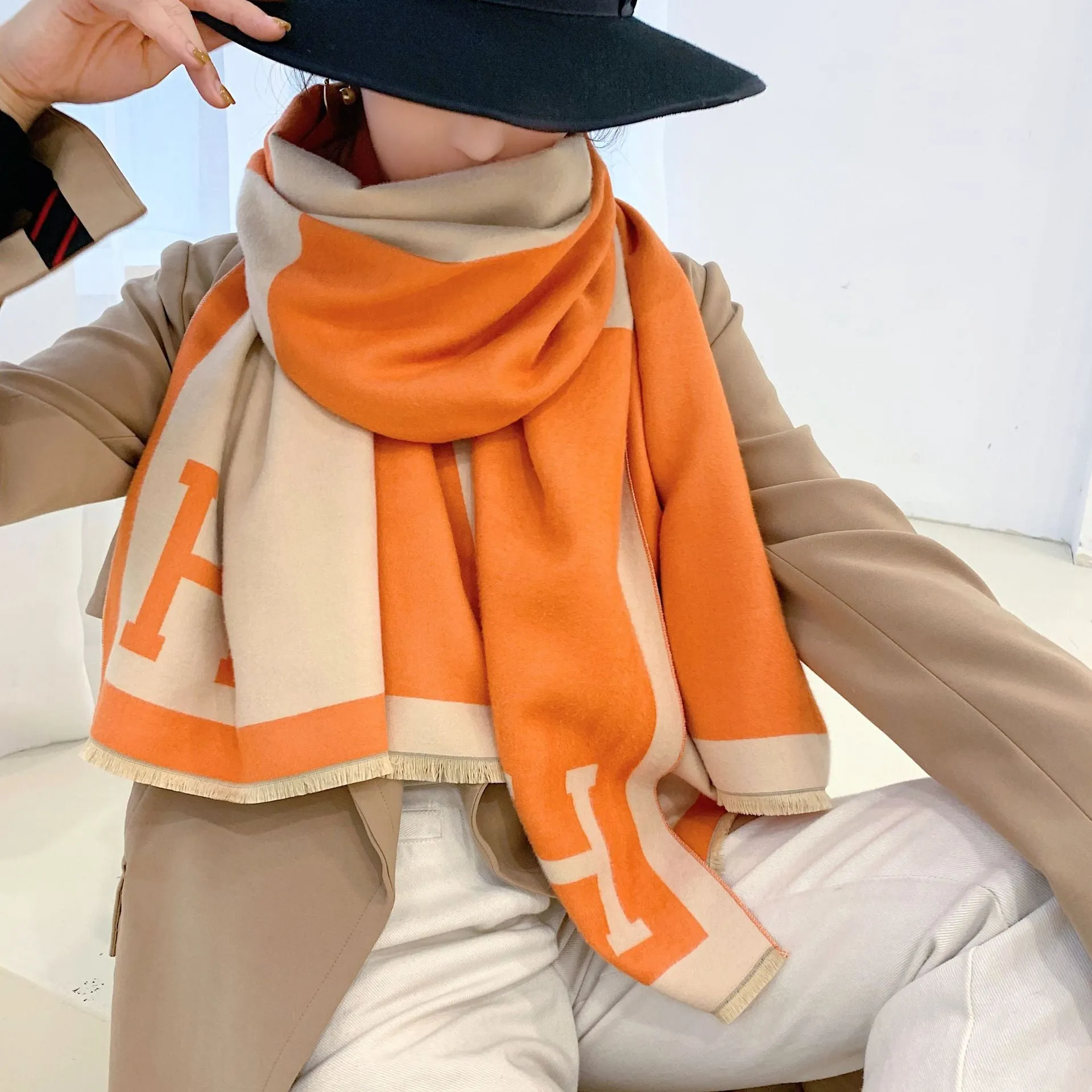 Colorblock Warm Scarf Cashmere Double-sided Thick Shawl Wrap for Women Ladies Girls