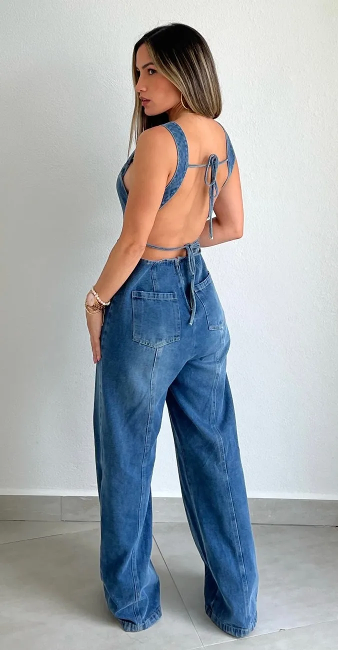 Cool Impression Denim Open Back Jumpsuit