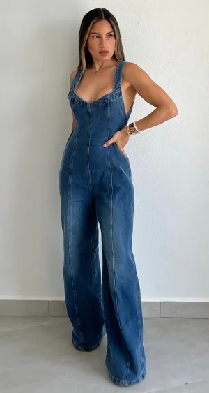 Cool Impression Denim Open Back Jumpsuit