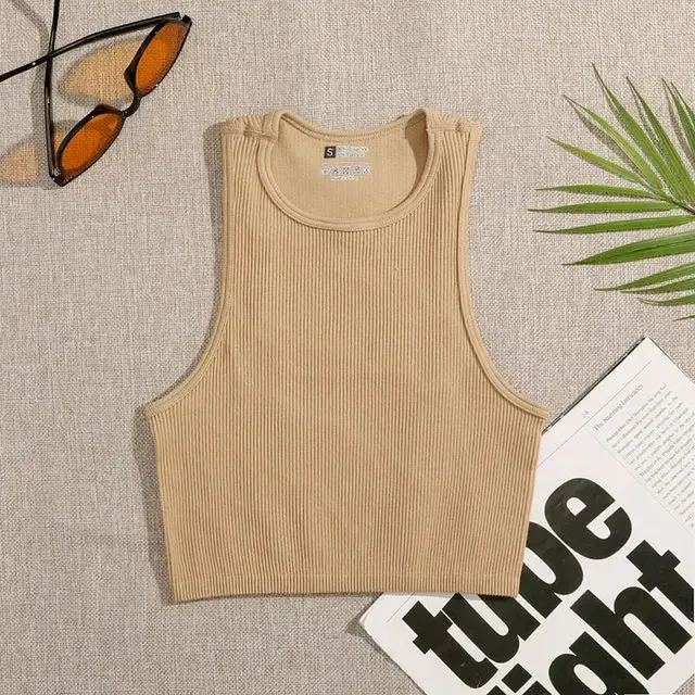 Crop Top Women's Solid Basic Tank Top Vest Seamless Streetwear Elastic Rib-Knit Sleeveless Casual Tank Tops