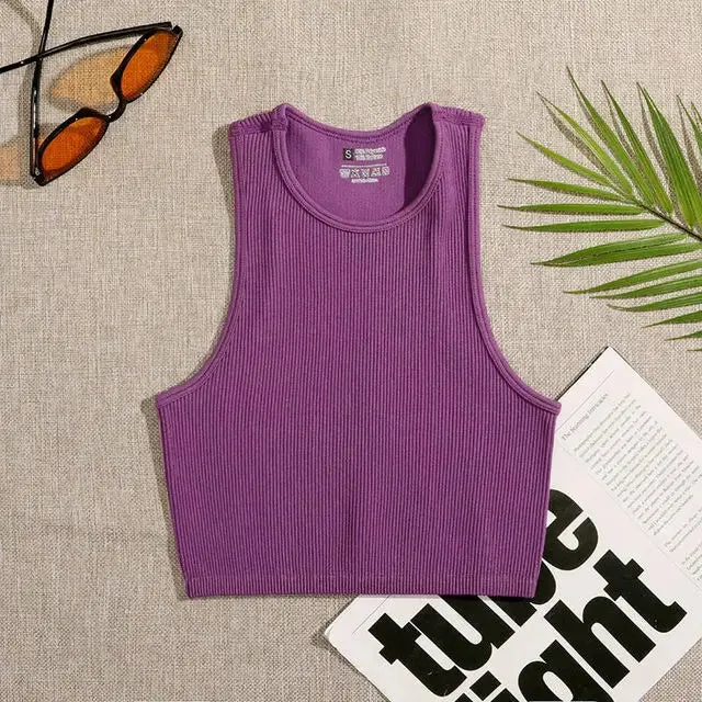 Crop Top Women's Solid Basic Tank Top Vest Seamless Streetwear Elastic Rib-Knit Sleeveless Casual Tank Tops